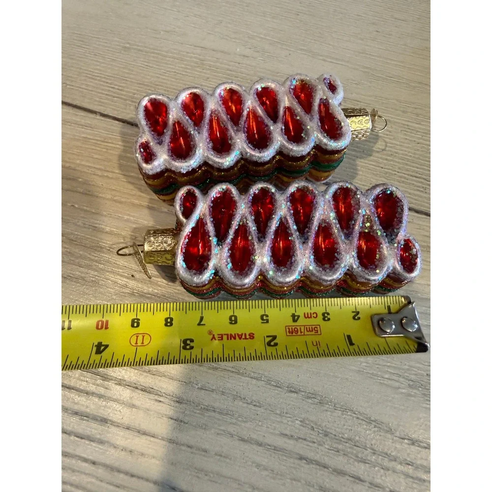 Old World Christmas Ribbon Candy Glass Ornaments Set of 2 Red Green Gold Glitter